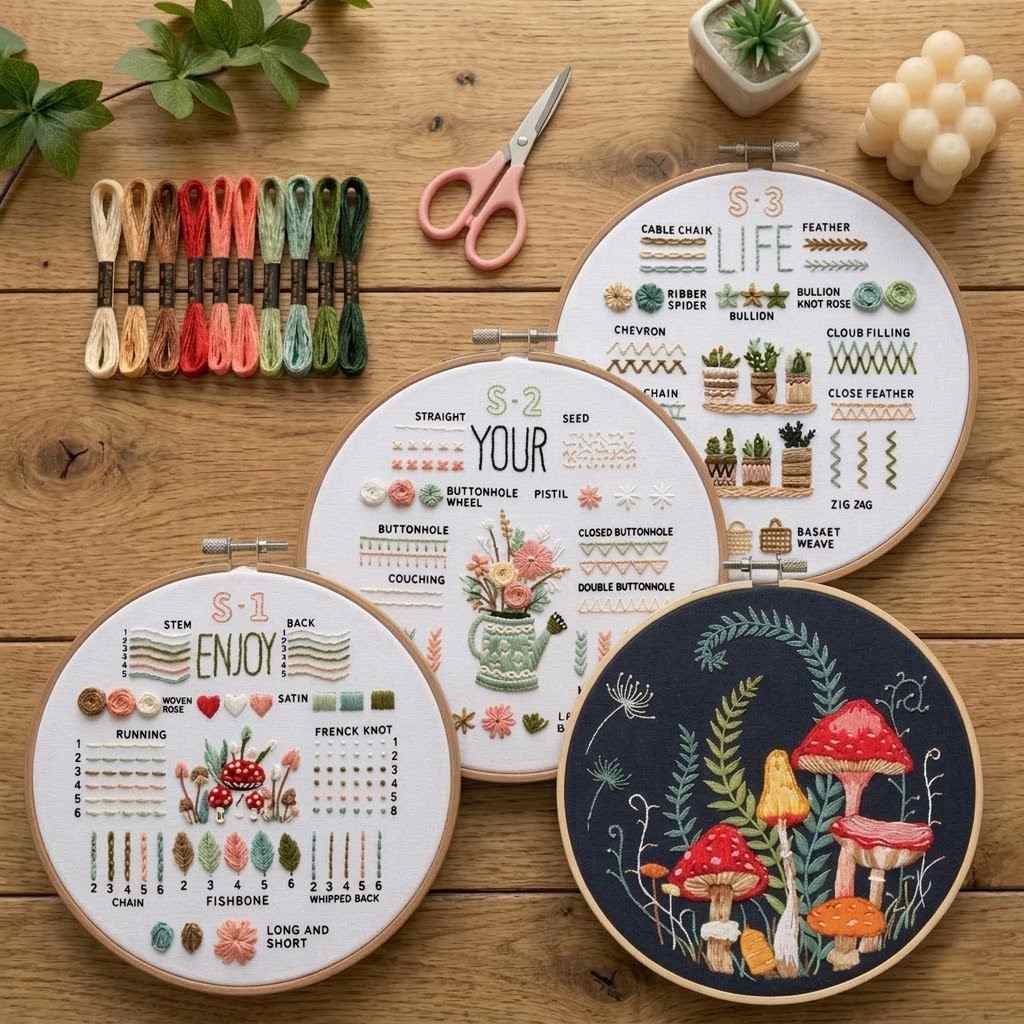Mushrooms style embroidery kit